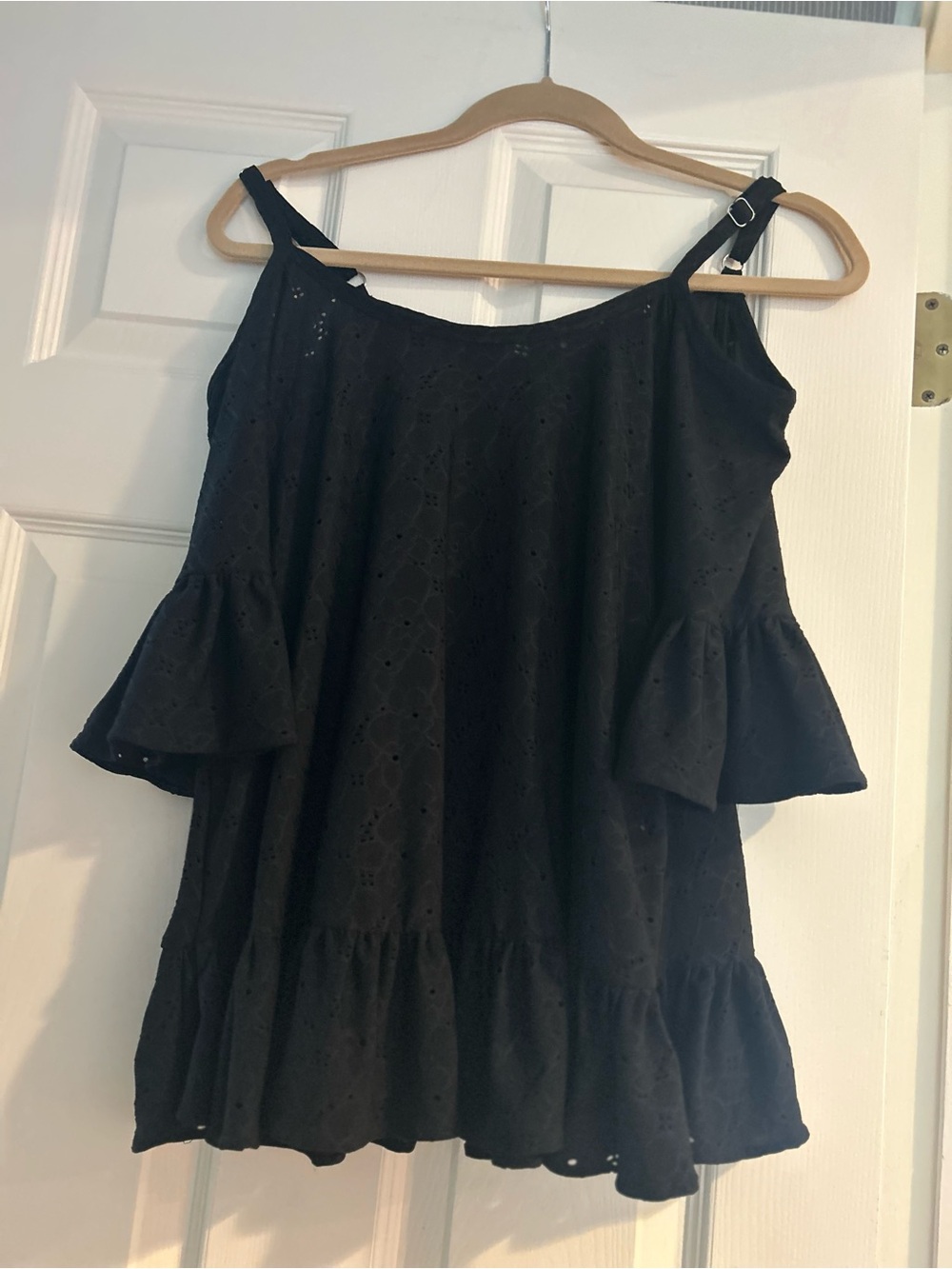 Michael Kors Black Eyelet Cold-Shoulder Ruffle Top